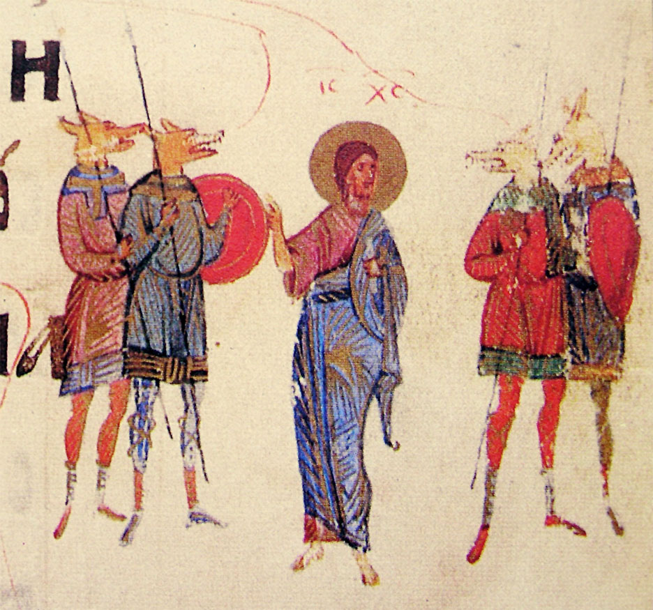 Jesus Christ among the kynokephaloi [dog-headed people], 1397. Russian National Library, Kiev Psalter, fol. 28r.