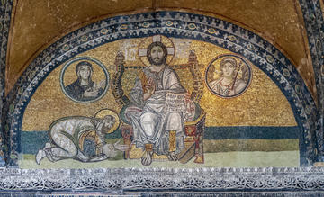 Turkey, Hagia Sophia: mosaic of the narthex above the central door of the narthex used for imperial processions Emperor Leo VI 886 912 kneels before the enthroned Christ 