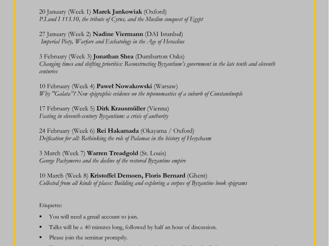 Late Antique & Byzantine Seminar Hilary Term 2021 
