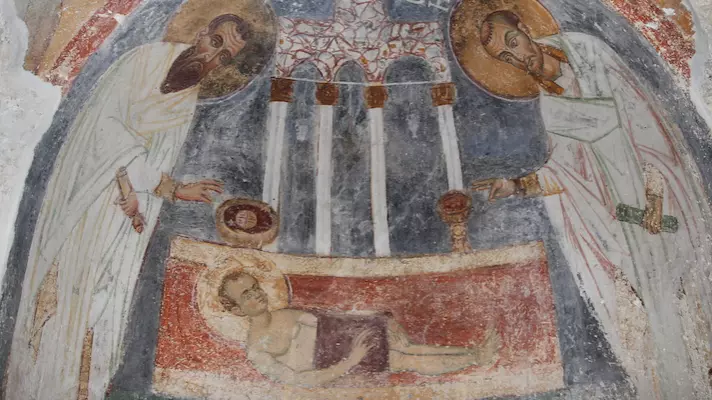 Fresco of Christ the Amnos (detail), exonarthex of the Theotokos Church, Studenica Monastery, Serbia. Copyright: BLAGO Fund, Inc. Licensed under CC BY-NC 3.0.