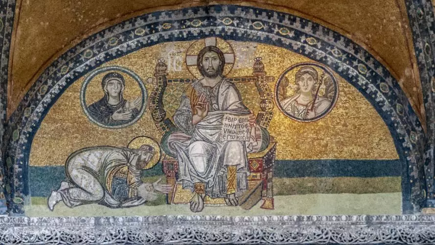 Turkey, Hagia Sophia: mosaic of the narthex above the central door of the narthex used for imperial processions Emperor Leo VI 886 912 kneels before the enthroned Christ 