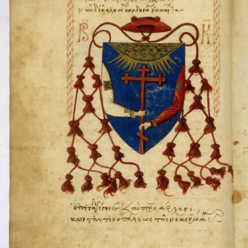 MS Holkham gr. 29, fol. 4v: the coat of arms of Cardinal Bessarion, former owner of this manuscript. 