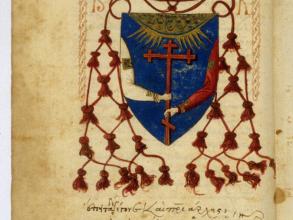 MS Holkham gr. 79, fol. 4v: the coat of arms of Cardinal Bessarion, former owner of this manuscript. This fifteenth-century manuscript contains works, including some of Bessarion's, relating to the Union of the Churches.                      Photo: © Bo  