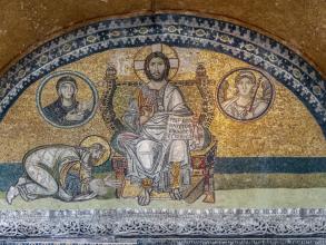 Turkey, Hagia Sophia: mosaic of the narthex above the central door of the narthex used for imperial processions Emperor Leo VI 886 912 kneels before the enthroned Christ 